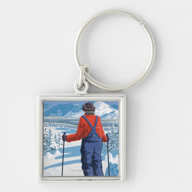 Skier Admiring - Snoqualmie Pass, Washington Fyrkantig Silverfärgad Nyckelring (Framsidan)
