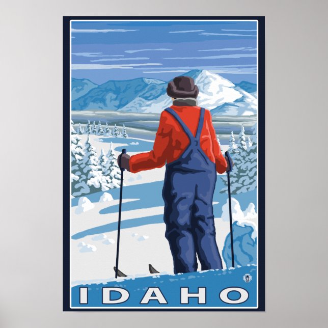 Skier AdmiringIdahoVintage Travel Poster (Framsidan)