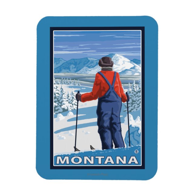Skier AdmiringMontanaVintage Travel Poster Magnet (Vertikal)