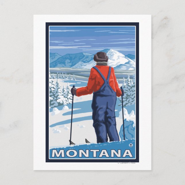 Skier AdmiringMontanaVintage Travel Poster Vykort (Framsida)