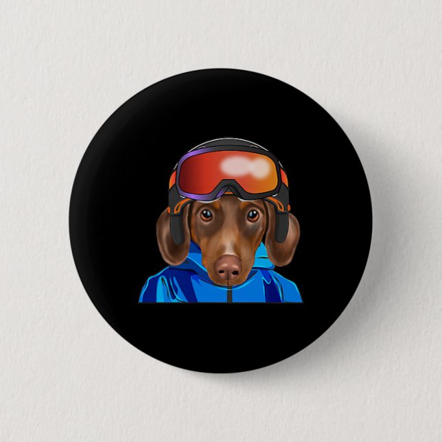 Skier Brown Dachshund Snowboarding Pocket Knapp (Framsida)