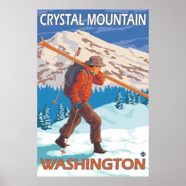 Skier Carrying Snö Skis - Crystal Mountain, WA Poster (Framsidan)