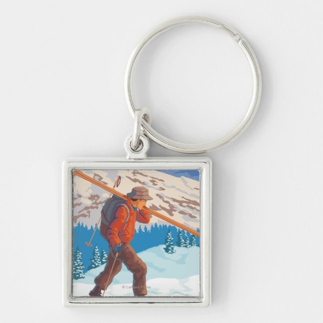 Skier Carrying Snö Skis - Montana Fyrkantig Silverfärgad Nyckelring (Framsidan)