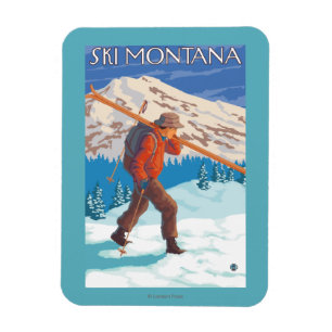 Skier Carrying Snö Skis - Montana Magnet