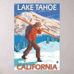 Skier Carrying Snö Skis - Sjö Tahoe, Kalifornien Poster