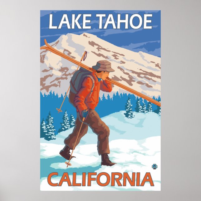 Skier Carrying Snö Skis - Sjö Tahoe, Kalifornien Poster (Framsidan)