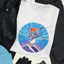 Skier i Snowy Night Himmel T Shirt