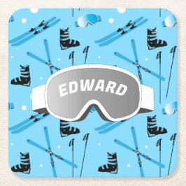 Skier Personalised Skiing Themed Blue Apres Ski Underlägg Papper Kvadrat