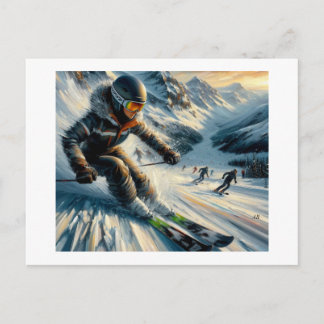 Skier Racing Down Mountain,  Vykort