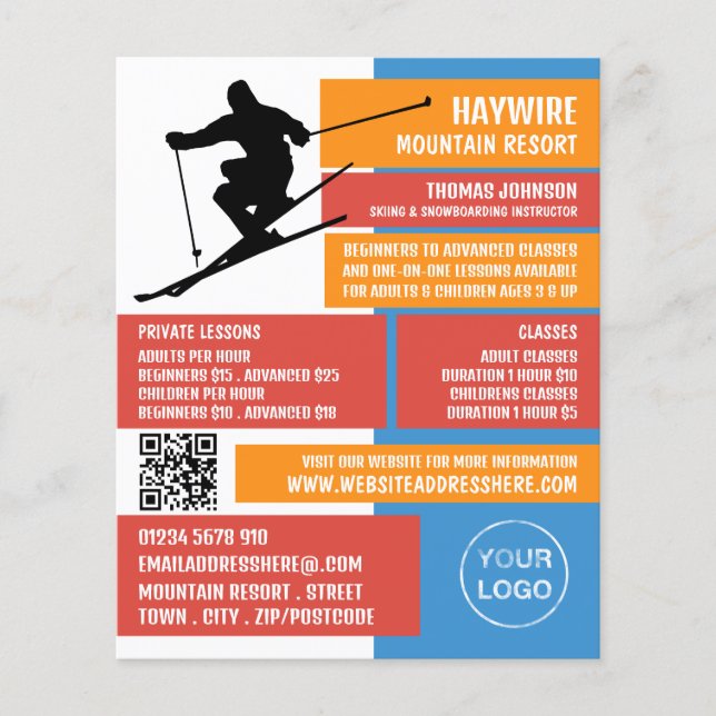 Skier Silhouette, Ski/Snowboarding Lessons/Classes Flygblad (Framsidan)
