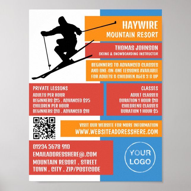 Skier Silhouette, Ski/Snowboarding Lessons/Classes Poster (Framsidan)