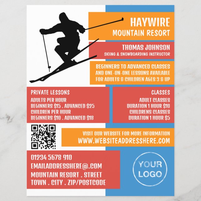 Skier Silhouette, Ski/Snowboarding Lessons/Classes Reklamblad (Framsidan)
