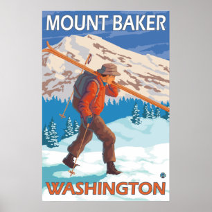 Skier som transporterar Snö skis - Mount Baker, WA Poster