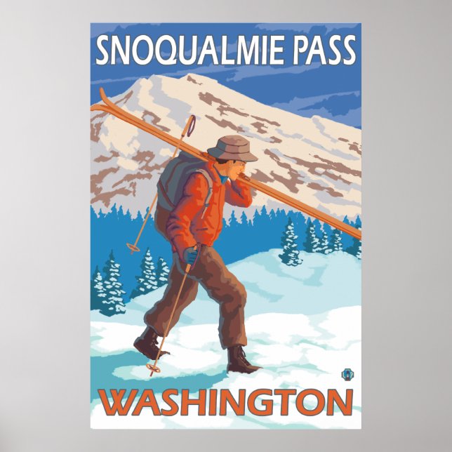 Skier som transporterar Snö Skis - Snoqualmie Pass Poster (Framsidan)