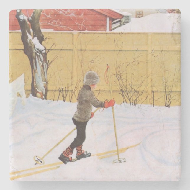 Skier (Young Boy with Skis) (vinterscen) Stenunderlägg (Framsidan)
