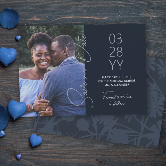 Skifferblå, blågrå bröllops kallelse inbjudningar (slate blue gray save the date cards, simple minimalistic elegant script save our date 5x7 template)