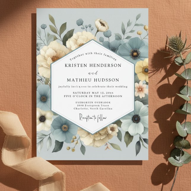 Skifferblå blomdrömbröllop inbjudningar (Skapare uppladdad)