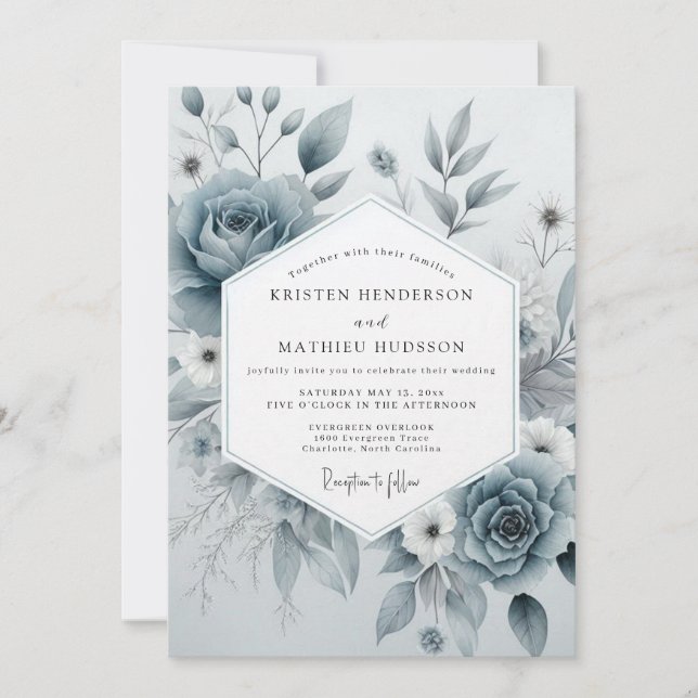 Skifferblå Blommig Eterisk Bröllop Inbjudningar (Framsida)