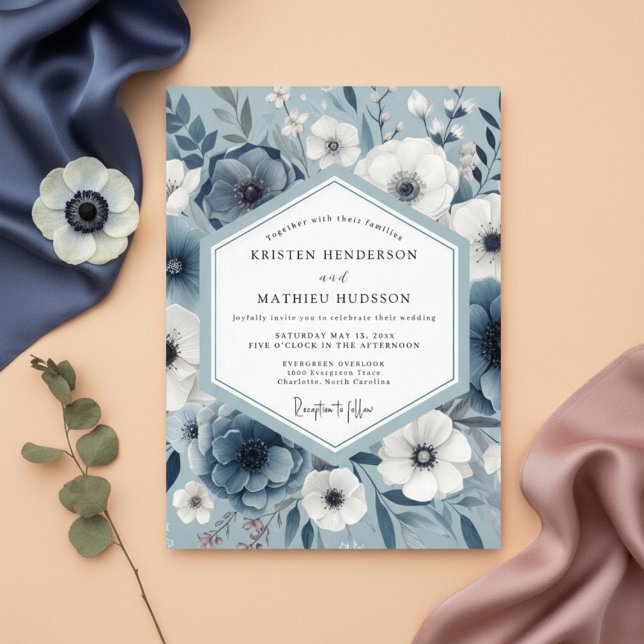 Skifferblå blomsterkonst bröllop inbjudningar (Skapare uppladdad)