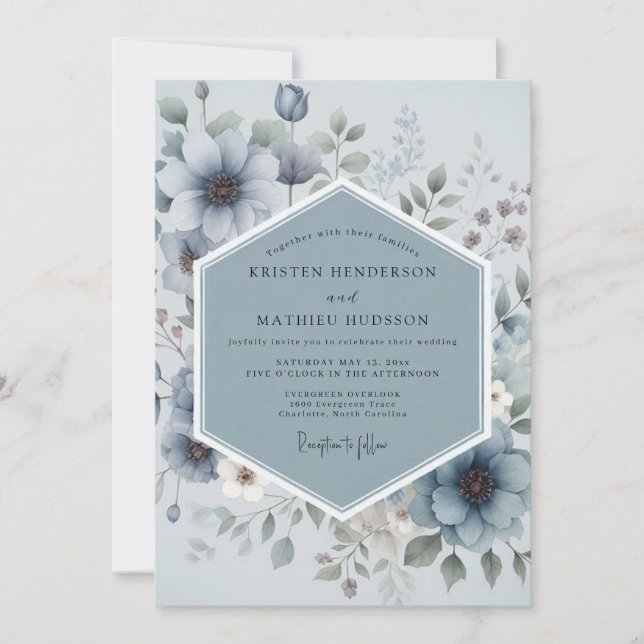 Skifferblå Drömmar Floral Whimsy Bröllop Inbjudningar (Framsida)