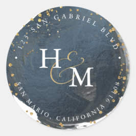 Skifferblå falskt guld script et-tecken   runt klistermärke