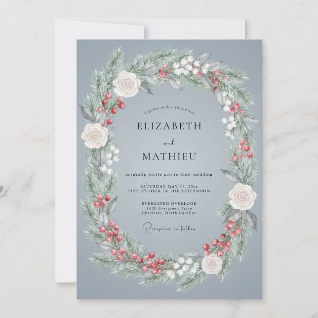 Skifferblå Festiv Vinterbröllop Inbjudningar (Framsida)