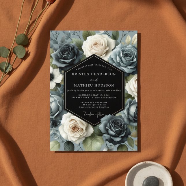 Skifferblå Ros Blommande Bröllop Inbjudningar (Skapare uppladdad)