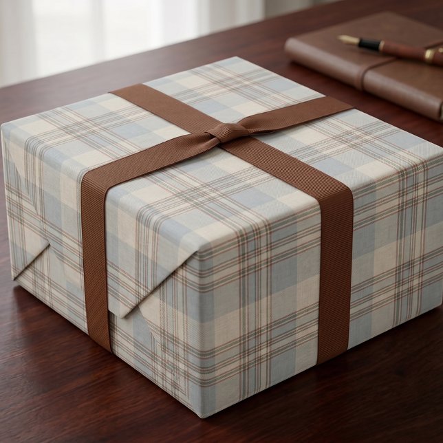 Skifferblå Rost Crème Tartan Rutig Preppy Presentpapper (preppy plaid masculine wrapping paper)