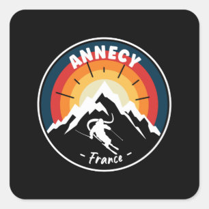 Skiing Annecy Frankrike Vintage Fyrkantigt Klistermärke