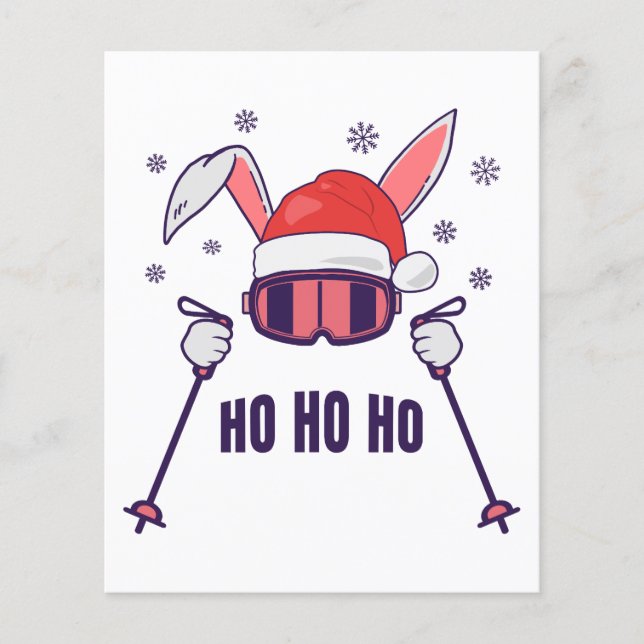 Skiing av Santa Rabbit med Santa Hat och skidpoler Flygblad (Framsidan)