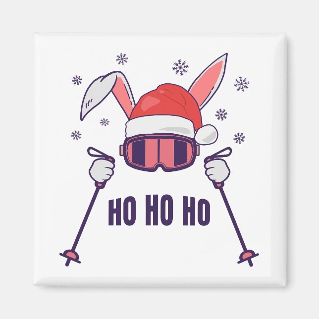 Skiing av Santa Rabbit med Santa Hat och skidpoler Magnet (Framsidan)