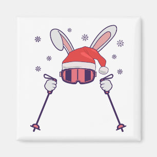 Skiing av Santa Rabbit med Santa Hat och skidpoler Magnet