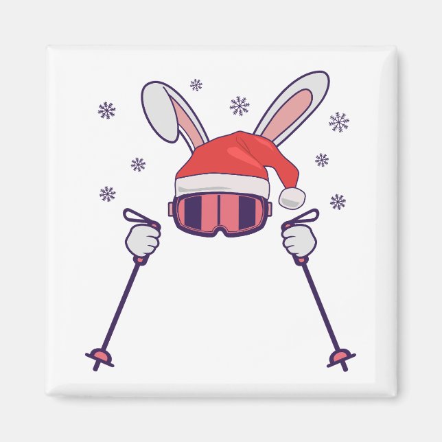 Skiing av Santa Rabbit med Santa Hat och skidpoler Magnet (Framsidan)