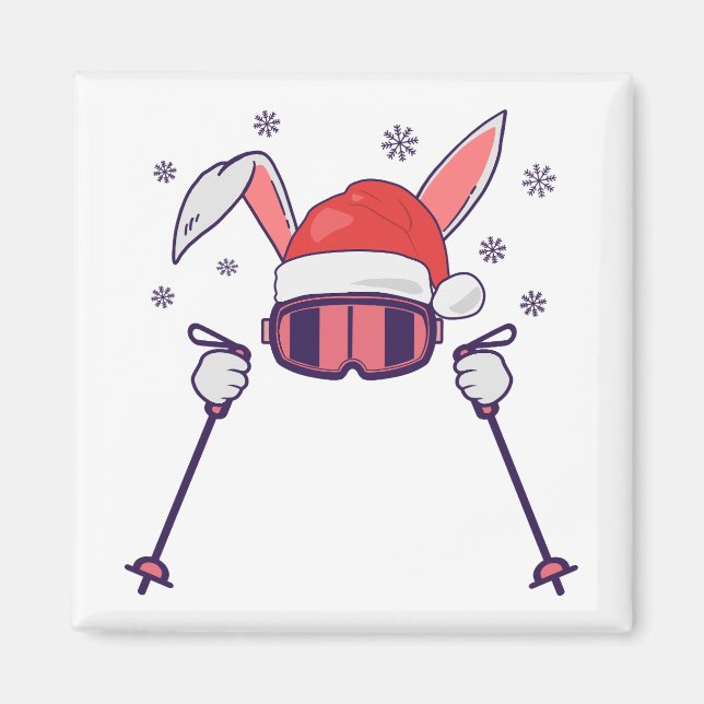 Skiing av Santa Rabbit med Santa Hat och skidpoler Magnet (Framsidan)