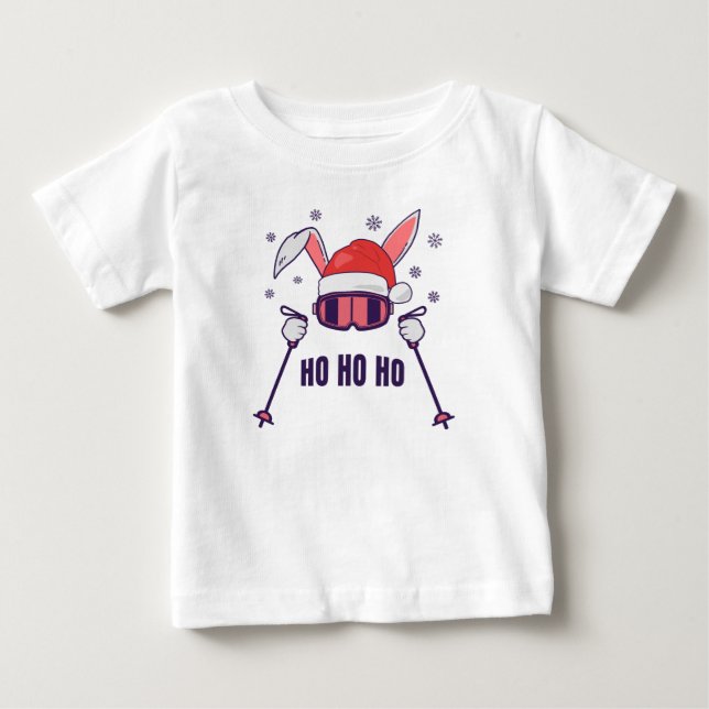 Skiing av Santa Rabbit med Santa Hat och skidpoler T Shirt (Framsida)