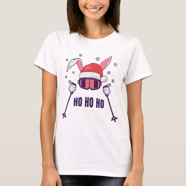 Skiing av Santa Rabbit med Santa Hat och skidpoler T Shirt (Framsida)