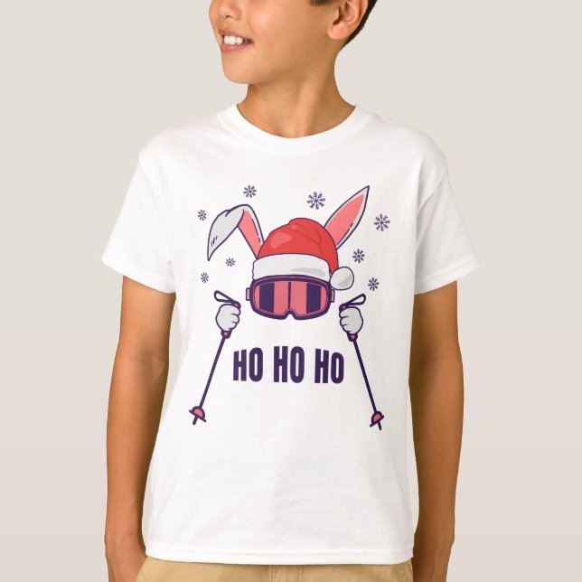 Skiing av Santa Rabbit med Santa Hat och skidpoler T Shirt (Framsida)