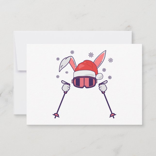 Skiing av Santa Rabbit med Santa Hat och skidpoler Tack Kort (Framsida)