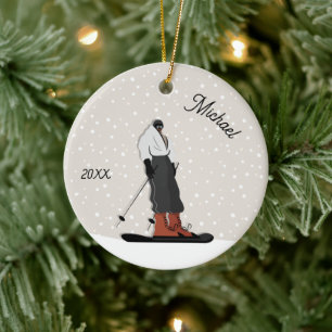 Skiing Boy Silhouette Winter Sport Kid Namn & Year Julgransprydnad Keramik