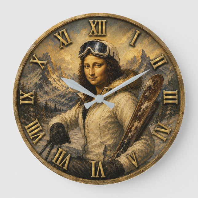 Skiing Funny Mona Lisa Skier Gift  Stor Klocka (Framsida)