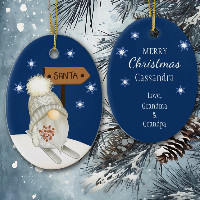 Skiing Gnome Tittar för Santa Kids Julgransprydnad Keramik (Skapare uppladdad)