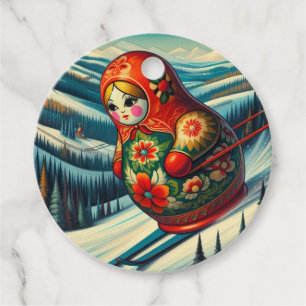 Skiing Matryoshka Doll Winter Snö Gåvor Etiketter