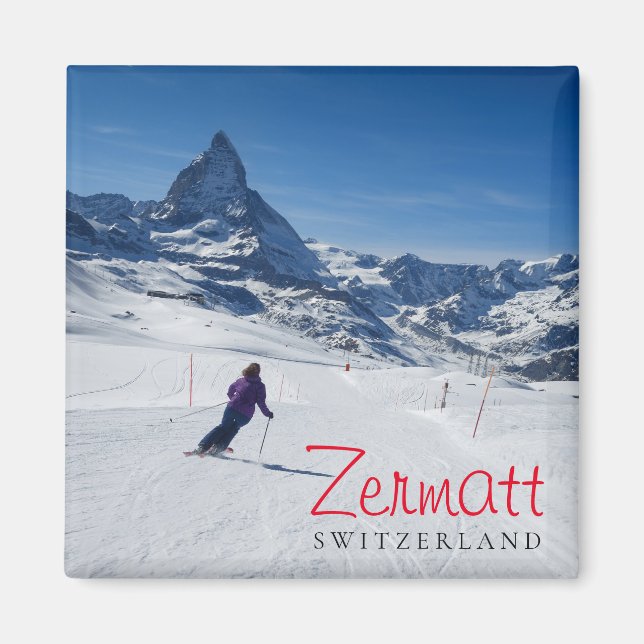 Skiing med Mt. Matterhorn i Zermatt, Schweiz Magnet (Framsidan)