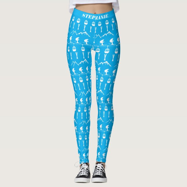 Skiing Pattern Blue Skier Leggings (Framsida)