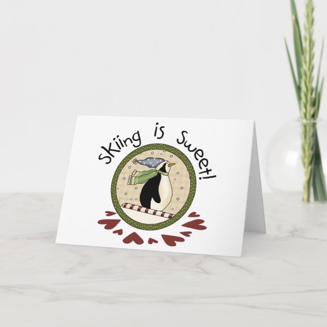 Skiing Penguin Helgdag T-shirts och Gifts Helgkort (Framsida)