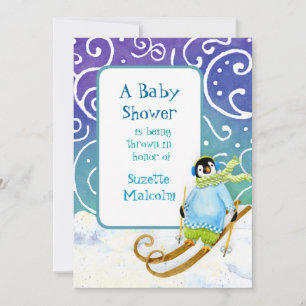 Skiing Ski Snowboarder Penguin Baby Shower Inbjuda Inbjudningar