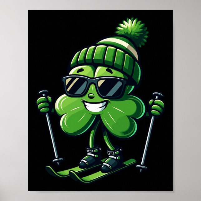 Skiing St patricks day Shamrock Klöver Irish Manar Poster (Framsidan)