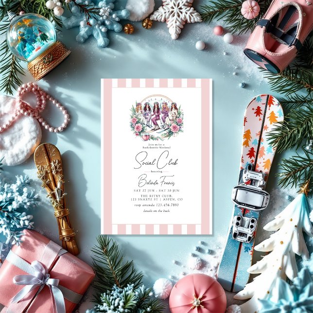 Skiing-Thated Social Klubb Bachelorette Helg Inbjudningar (Skiing-Themed Social Club Bachelorette Weekend Invitation)
