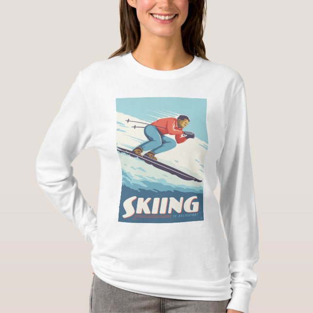 Skiing tror att Retro-utskrift kommer T Shirt (Framsida)