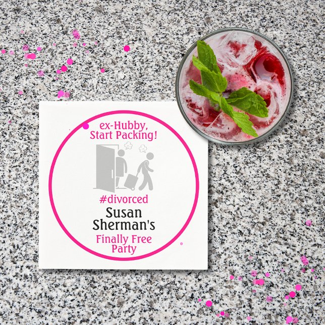 Skiljedesignen i Party, slutligen Rosa för fritt d Pappersservett (Divorce Party theme "ex-Hubby, Start Packing!" napkins to add to the decor celebrating her divorce.)